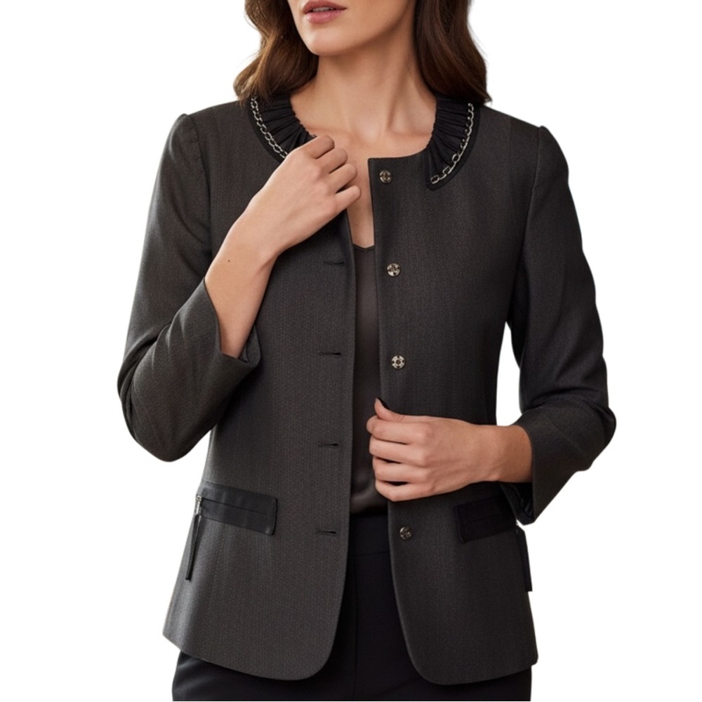 T TAHARI 8 M Gray Gabardine Jewel Neck Jacket Silver Chain Pleats R $398